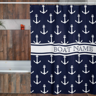 Navy Blue Anchor Pattern Nautical Boat Name Shower Curtain