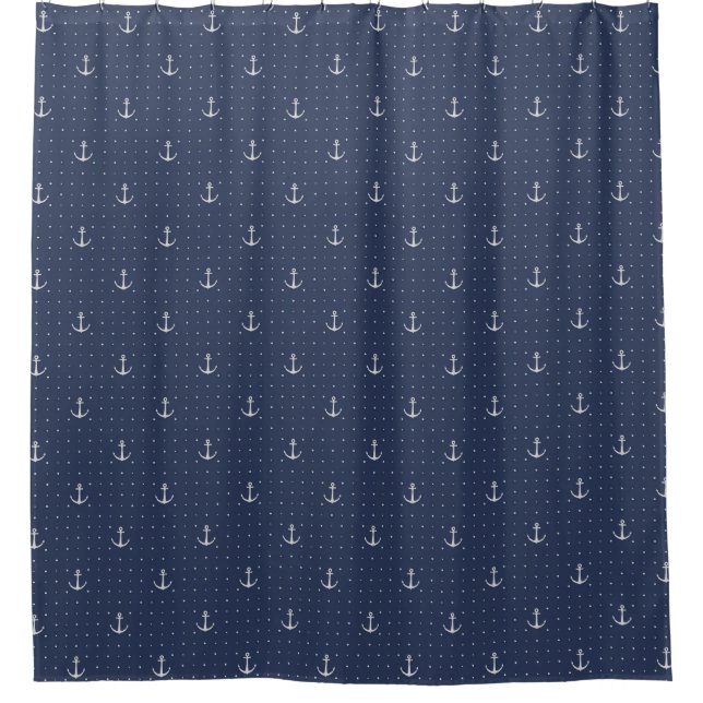 Navy Blue Anchor Pattern Shower Curtain (Front)