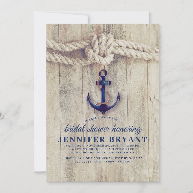 Navy Blue Anchor Rustic Nautical Bridal Shower Invitation (Front)
