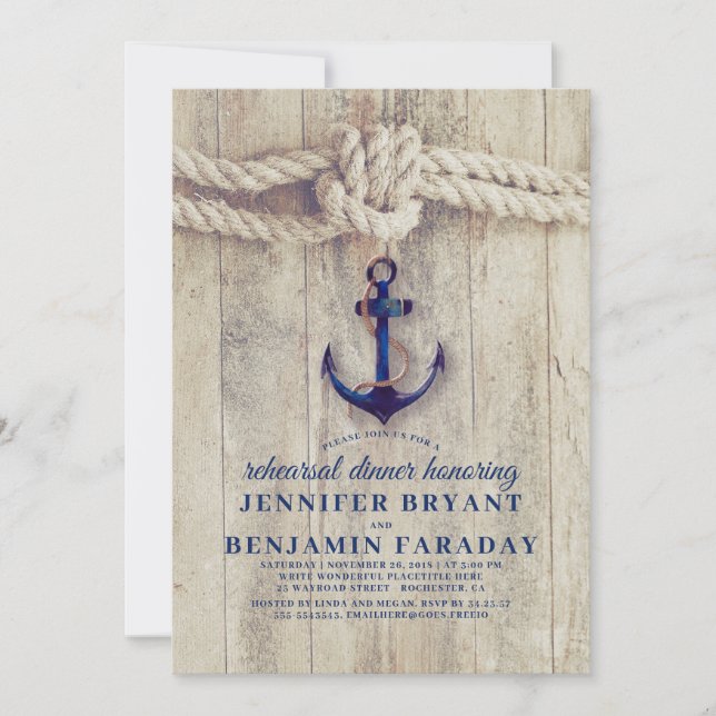 Navy Blue Anchor Rustic Nautical Rehearsal Dinner Invitation (Front)