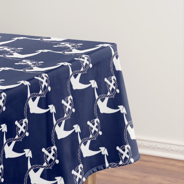 Navy Blue Anchor W/Rope on White Tablecloth (In Situ)