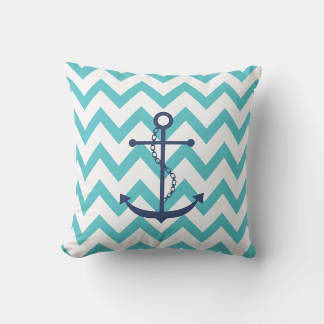 Navy Blue Anchor with Aqua Chevron Pattern Cushion (Front)