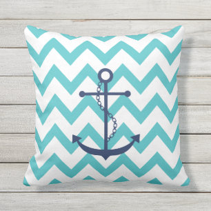 Navy Blue Anchor with Aqua Chevron Pattern Cushion
