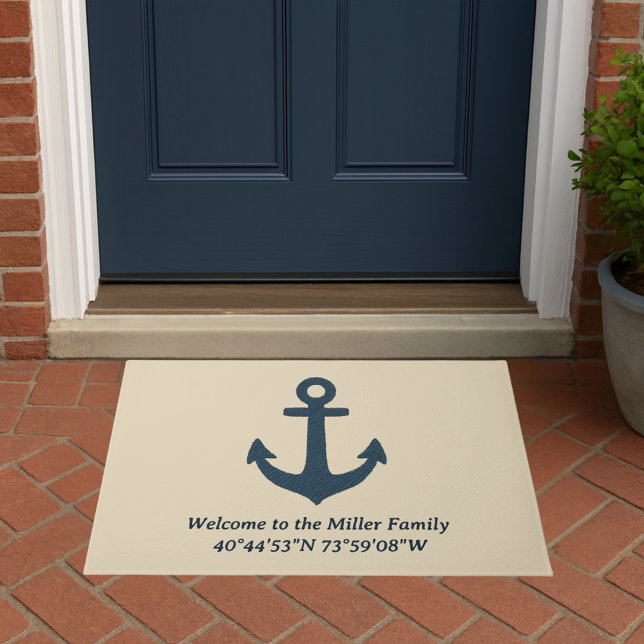 navy blue Anchor with Family Name and Coordinates Doormat (Creator Uploaded)