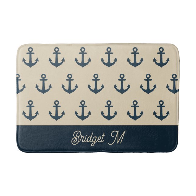 navy blue Anchor with Monogram Beige Coastal  Bath Mat (Front)