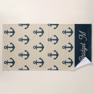 navy blue Anchor with Monogram Beige Coastal  Beach Towel