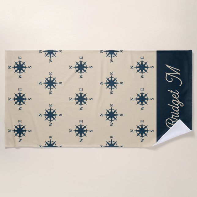 navy blue Anchor with Monogram Beige Coastal  Beach Towel (Front)