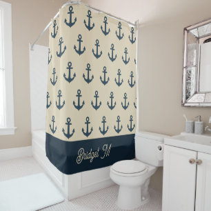 navy blue Anchor with Monogram Beige Coastal  Shower Curtain