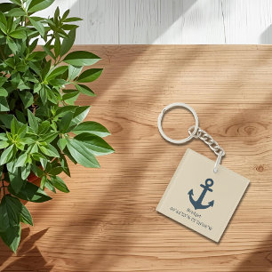 navy blue Anchor with Name and Coordinates Key Ring