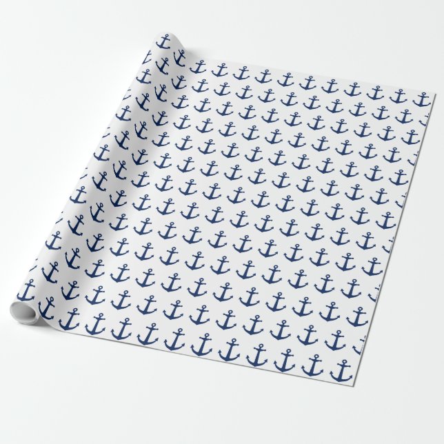 Navy Blue Anchor Wrapping Paper (Unrolled)