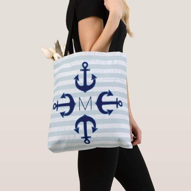 navy blue anchors nautical tote bag (Close Up)