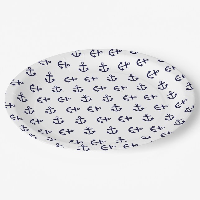 Navy Blue Anchors White Background Pattern Paper Plate (Angled)