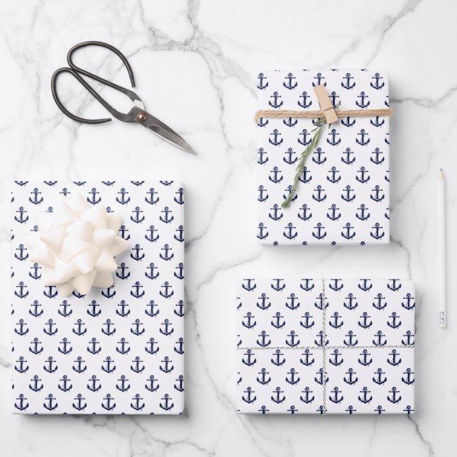 Navy Blue Anchors Wrapping Paper Sheets (Front)