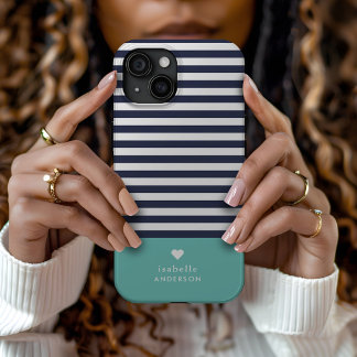 Navy Blue and Aqua Chic Stripes Heart Monogram iPhone 15 Case