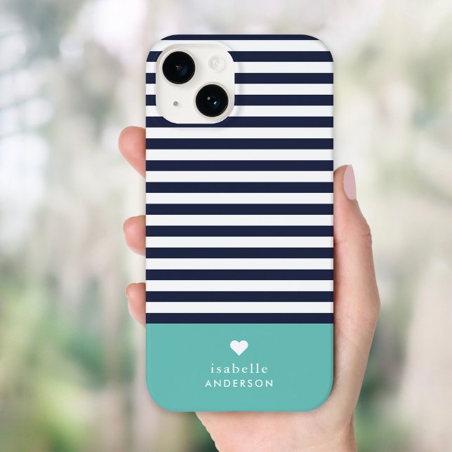 Navy Blue and Aqua Chic Stripes Heart Monogram Case-Mate iPhone Case (Creator Uploaded)