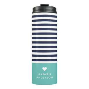 Navy Blue and Aqua Chic Stripes Heart Monogram Thermal Tumbler