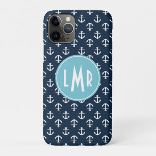 Navy Blue and Aqua Monogram Anchors Pattern iPhone 11 Pro Case