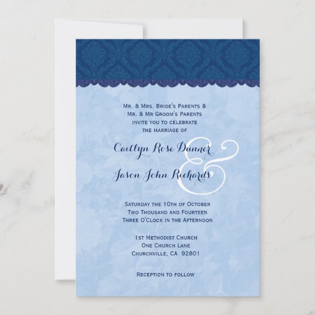 Navy Blue and Baby Blue Damask Wedding V007 Invitation (Front)