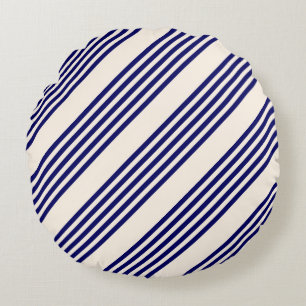 Navy blue and beige five stripes pattern round cushion