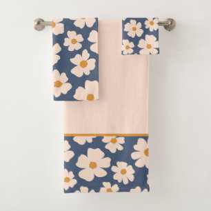 Navy blue and beige floral bath towel set