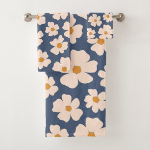 Navy blue and beige floral bath towel set