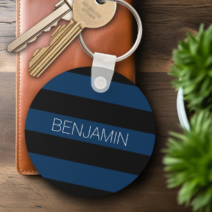 Navy Blue and Black Rugby Stripes with Custom Name Key Ring