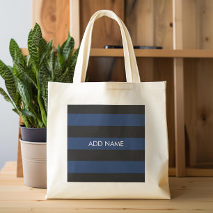 Navy Blue and Black Rugby Stripes with Custom Name Tote Bag
