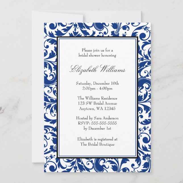 Navy Blue and Black Swirl Damask Bridal Shower Invitation (Front)
