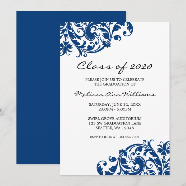 Navy Blue and Black Swirl Graduation Announcement (Front/Back)