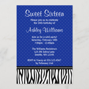 Navy Blue and Black Zebra Polka Dot Sweet 16 Invitation