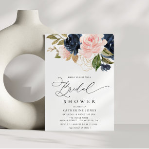 navy blue and blush floral bridal shower invitation