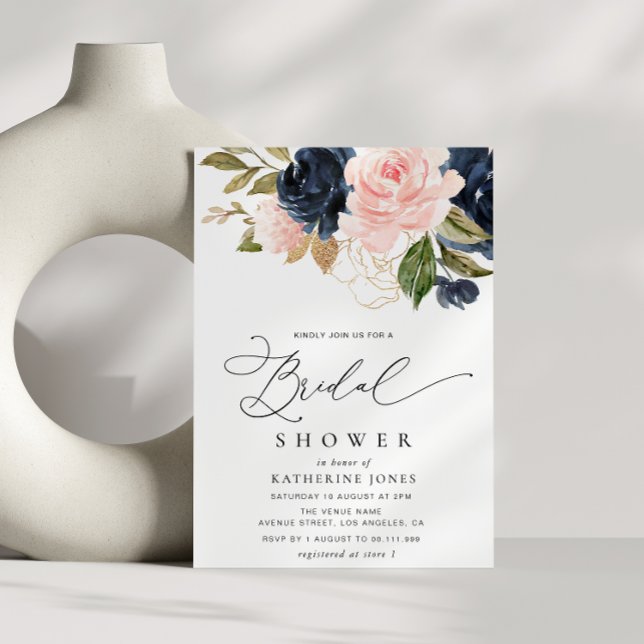navy blue and blush floral bridal shower invitation (Creator Uploaded)
