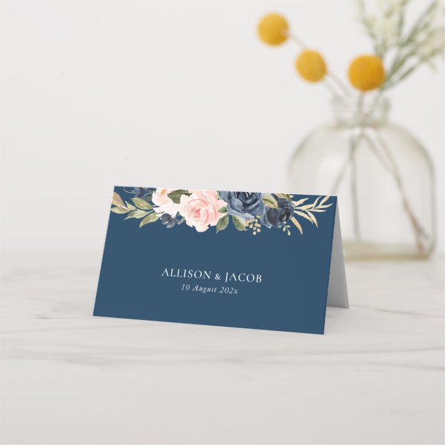 Navy Blue And Blush Floral Folded Wedding Place Card (Back)