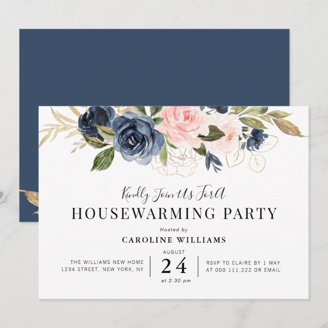 navy blue and blush floral housewarming party invitation (Front/Back)