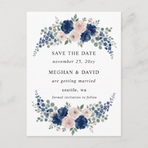 Navy Blue and Blush Floral Modern Save the Date Announcement Postcard