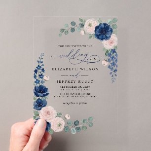 Navy Blue and Blush Floral Modern Wedding Acrylic Invitations