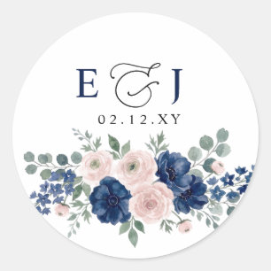 Navy Blue and Blush Floral Modern Wedding Classic Round Sticker