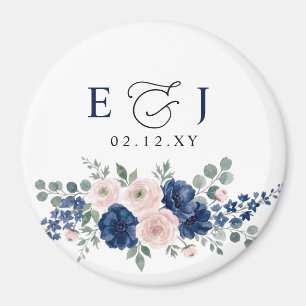 Navy Blue and Blush Floral Modern Wedding Magnet