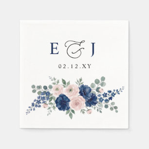 Navy Blue and Blush Floral Modern Wedding Napkin