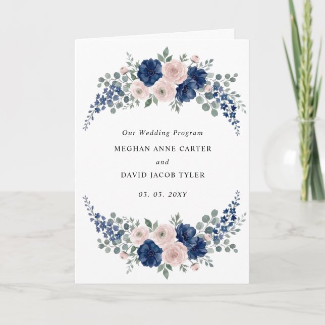 Navy Blue and Blush Floral Modern Wedding Program (Front)