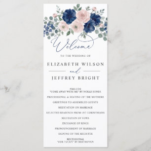 Navy Blue and Blush Floral Modern Wedding Program