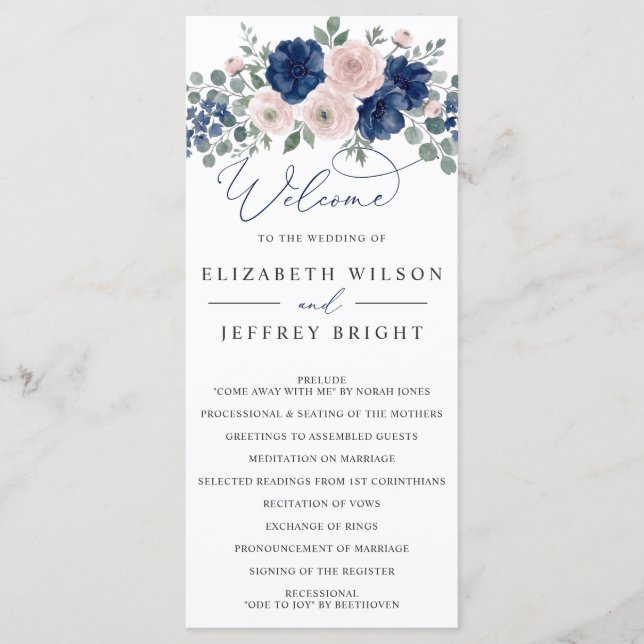 Navy Blue and Blush Floral Modern Wedding Program (Front)