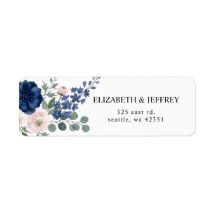 Navy Blue and Blush Floral Modern Wedding Return Address Label