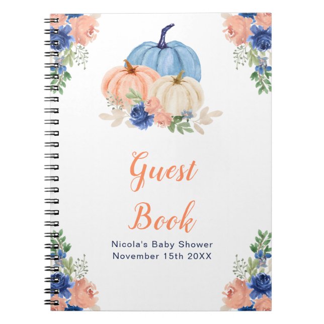 Navy Blue and Blush Floral Pumpkins Baby Shower Notebook (Front)