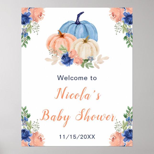 Navy Blue and Blush Floral Pumpkins Baby Shower Poster (Front)