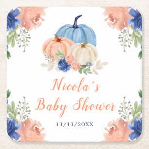 Navy Blue and Blush Floral Pumpkins Baby Shower Square Paper Coaster