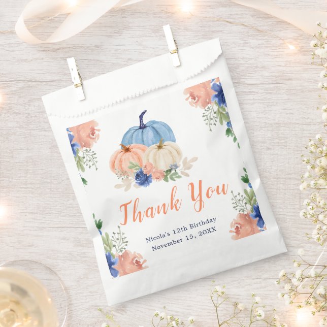 Navy Blue and Blush Floral Pumpkins Birthday Favour Bag (Clipped)