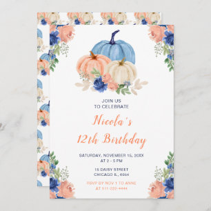Navy Blue and Blush Floral Pumpkins Birthday Invitation