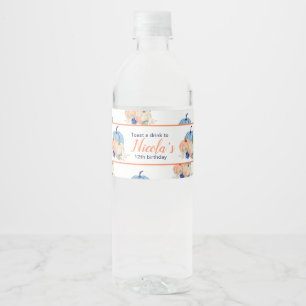 Navy Blue and Blush Floral Pumpkins Birthday Water Bottle Label
