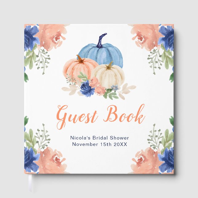 Navy Blue and Blush Floral Pumpkins Bridal Shower Guest Book (Front)
